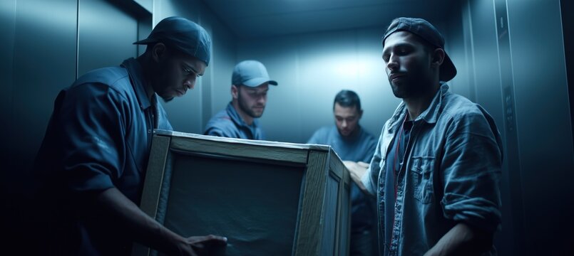 Movers transporting artwork in elevator using service lift for delivery