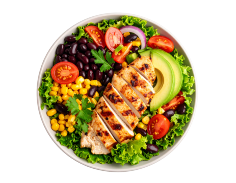 Delicious Grilled Chicken Southwest Salad with Avocado, Black Beans, Tomatoes and Corn Isolated on Transparent or White Background.