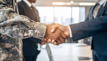 A handshake between a business man and a person in uniform, symbolizing partnership, respect and agreement