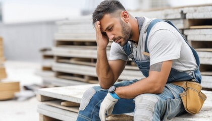 Obraz premium Tired construction worker resting on materials at construction site