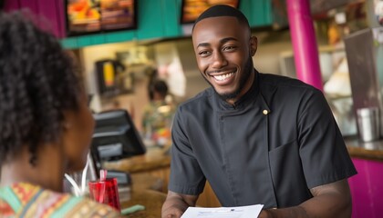 Smiling chef taking order in fast food restaurant