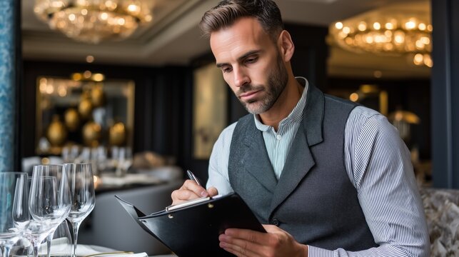 Restaurant manager taking notes and planning menu in luxury restaurant