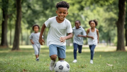 Happy children playing soccer in the park