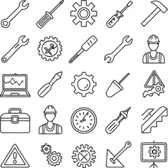 Repair icon set. Containing fix, toolbox, repairman, recovery, setting, restoration, car service, construction, maintenance and more. Editable line icons. Vector illustration.