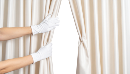 Elegant hand in white glove pulls back white curtain to reveal stage Isolated on Transparent or White Background.