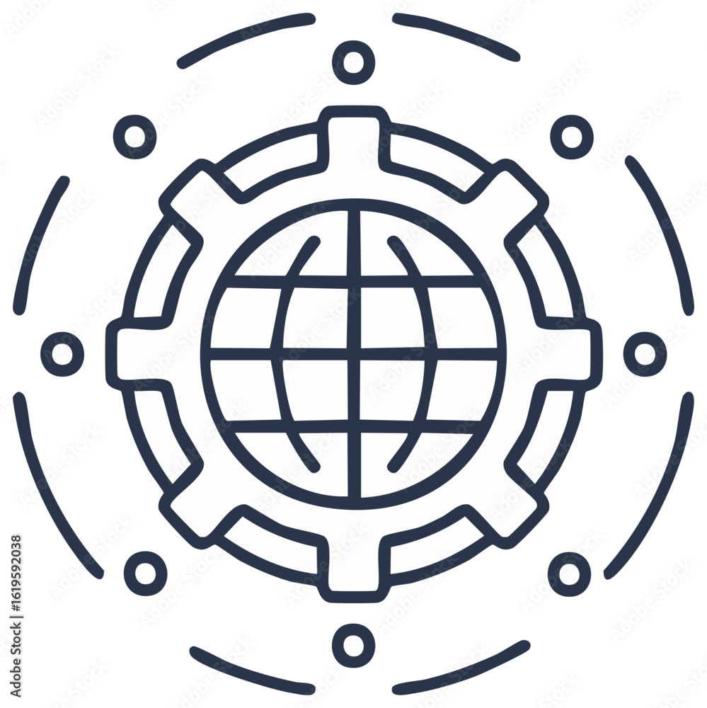 Poster global connection icon: earth and gears representing worldwide tech and innovation