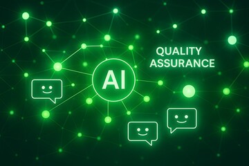 Fototapeta premium AI Quality Assurance Concept with Digital Connections and Smiley Chat Bubbles for Technology-focused Visual Communication