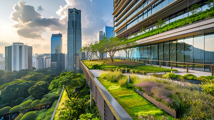 Fototapeta premium Aerial view of a city skyline with green roofs and skyscrapers under a cloudy sky at golden hour time .