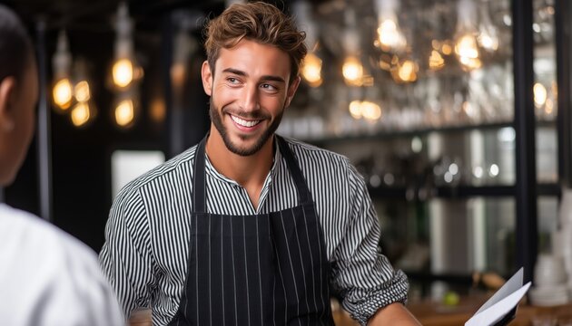 Smiling waiter taking order in restaurant bar