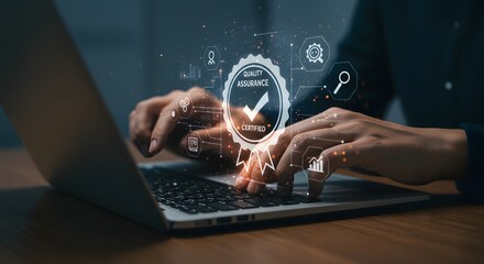 Hands typing on laptop with glowing digital clock interface