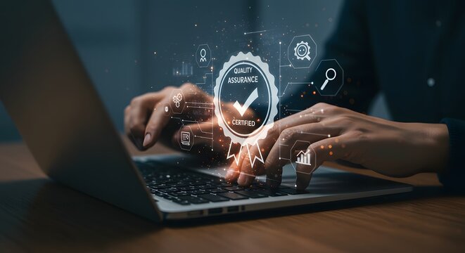 Hands typing on laptop with glowing digital clock interface
