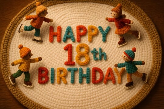 Colorful Crochet Ice Skating Scene with Characters Celebrating Happy 18th Birthday on Round Background