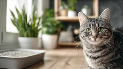 Grey Tabby Cat with Green Eyes Next to Litter Box