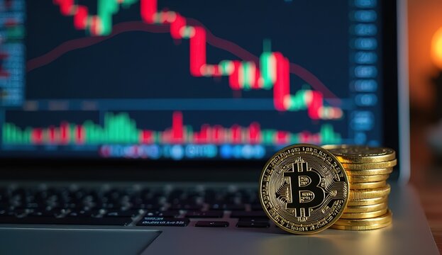 Digital finance concept with Euro coins and abstract market data on a glowing chart