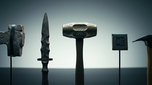 Array of Historical Weapons and a Microchip with Dim Lighting and Gradient Gray Background