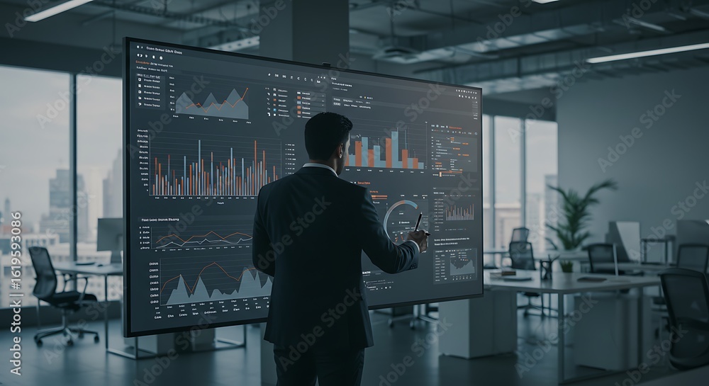 Poster businessman in suit uses stylus to analyze data displayed on a large interactive monitor in modern o