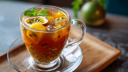 Iced fruit tea with mango, passion fruit and mint in a glass cup on the table.