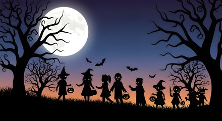 Naklejka premium Halloween Night Silhouettes with Full Moon, Trees and Children Trick-or-Treating | Spooky Holiday Background for Greeting Cards, Social Media, and Party Invitations