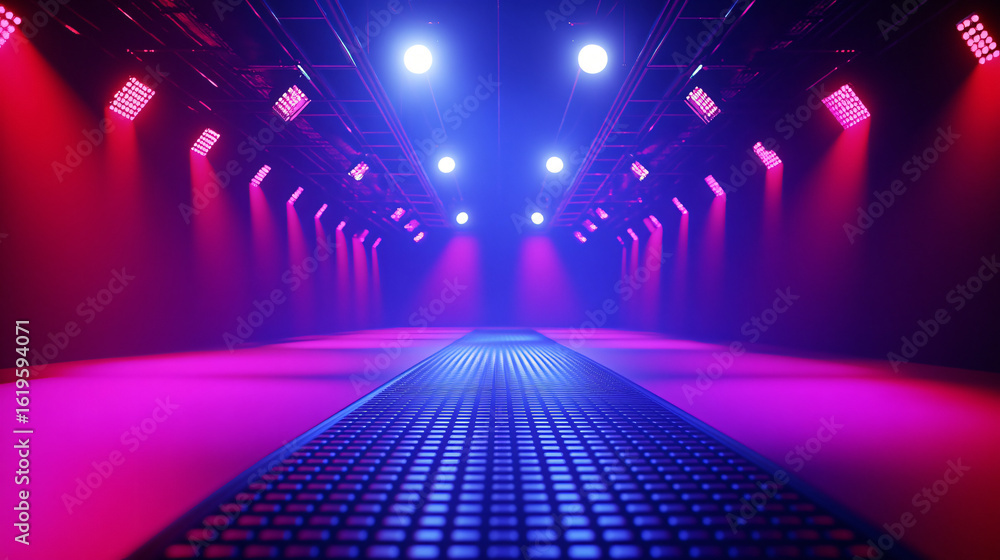 Poster dynamic stage setup with red and blue lights creating an engaging atmosphere for performances