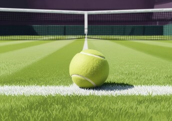 A tennis ball is sitting on a court Wimbledon, copy space. The ball is yellow and has a white stripe