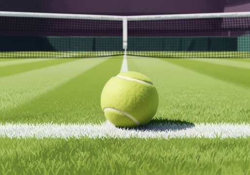 A tennis ball is sitting on a court Wimbledon, copy space. The ball is yellow and has a white stripe