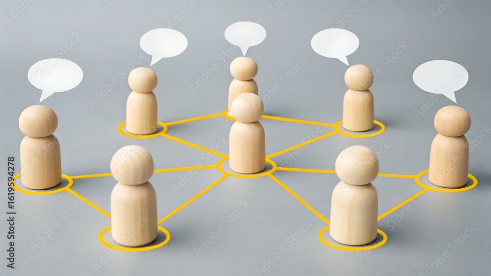 Poster wooden figurines in a connected network with speech bubbles. symbolic image of communication, teamwo