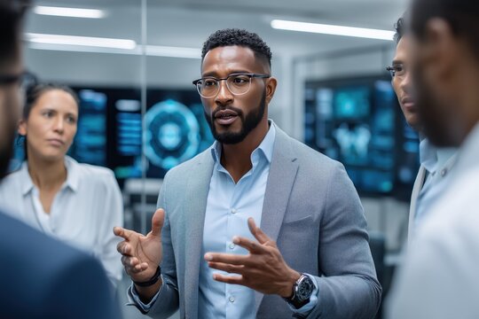 Project manager explaining strategy to software engineers in big data center