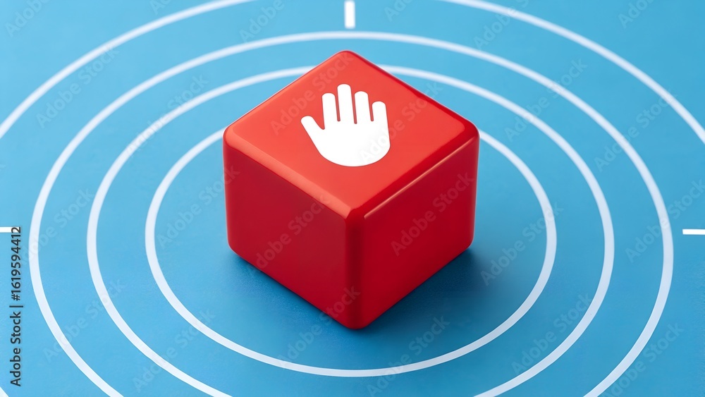 Poster red cube with hand symbol on concentric circle background. digital pause concept. stop signal in tec
