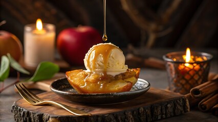 caramelized apple wedge with vanilla ice cream topping