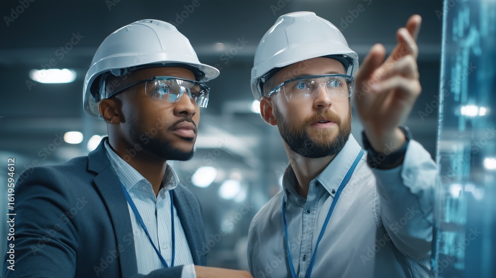 Poster industrial engineers analyzing data on futuristic transparent touchscreen display