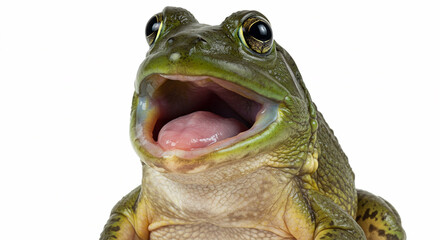 A charming and funny moment of a bullfrog yawning, frozen in perfect clarity.

