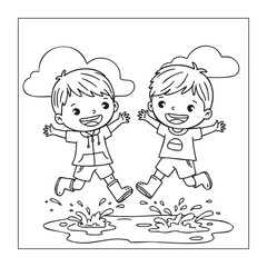 Two Happy Boys Jumping and Splashing in a Puddle, Coloring Page