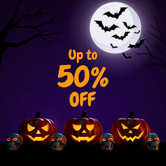 Spooky halloween sale up to fifty percent off with pumpkins and bats