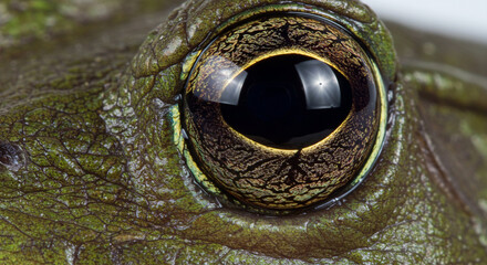 A macro study of a bullfrog's eye, revealing its structure and light reflection.

