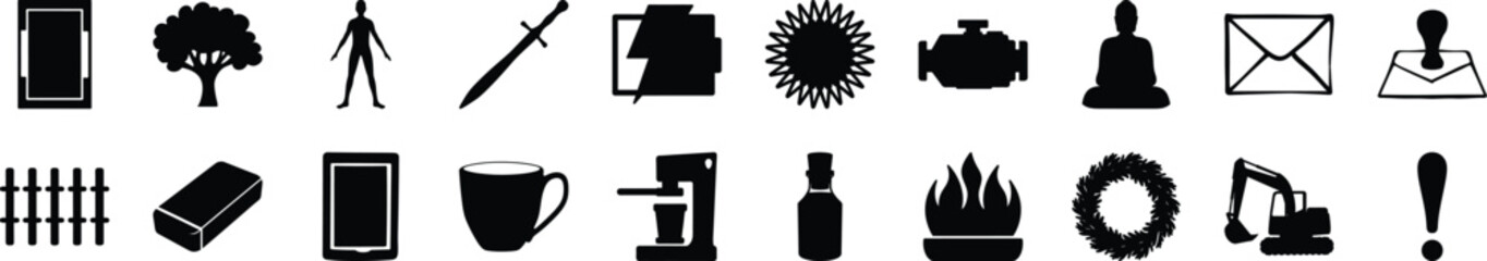 Assorted silhouette icons pack of objects and symbols Varied black silhouette icons featuring nature, tools, symbols, food, religion, and communication, aligned in rows on white background.

