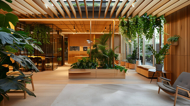 Interior space featuring abundant greenery and wooden accents creating a natural ambiance look cool .