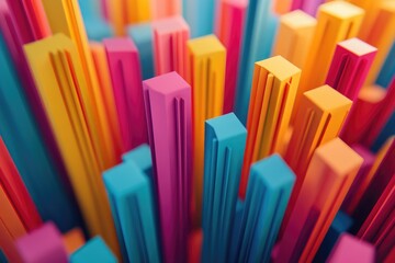 Obraz premium Colorful, abstract, 3D city. Close-up view of many tall, rectangular shapes in vibrant colors
