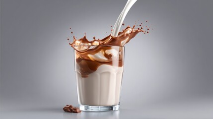 Milk pouring into glass of chocolate milk creating splash