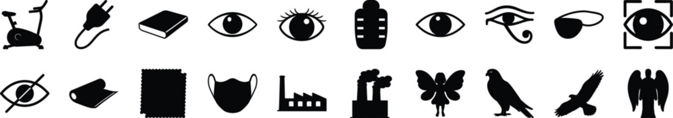 Dark Silhouette Icons set with Eyes, Objects, and Fantasy Elements Row of black silhouette icons featuring human eyes, fantasy creatures, buildings, objects, and symbolic shapes with a dark theme.

