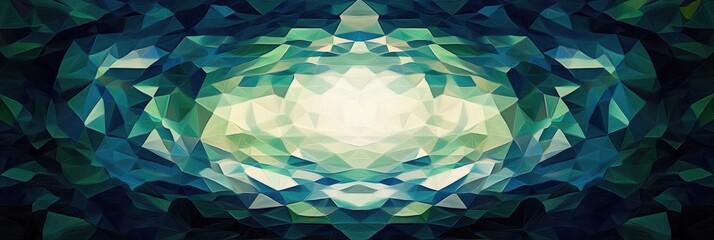 Abstract polygonal design with a central light source.  Dark teal and green triangles create a textured, symmetrical pattern, culminating in a bright, central area