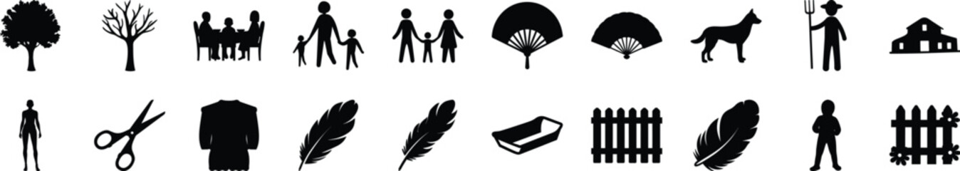 Silhouette Icon Set Featuring People, Nature, and Objects Horizontal strip of black silhouette icons including trees, families, feathers, fences, tools, and animals in minimal design style.

 
