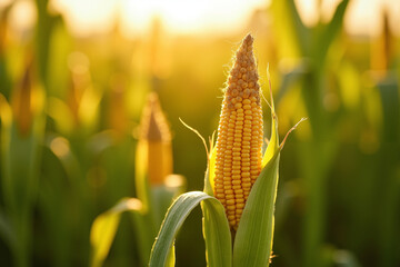 Ripe corn cob growing in field during sunset with golden light  