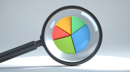 Magnifying glass focusing on a colorful pie chart, representing data analysis.