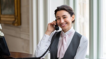 Smiling receptionist answering phone in luxury hotel lobby