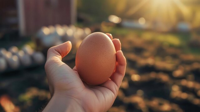 Unwashed Eggs. Hand holding fresh brown egg in sunlight natural farm m