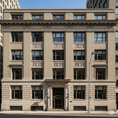 Front facade of a stately neoclassical building with ornate stone details in a downtown urban setting.