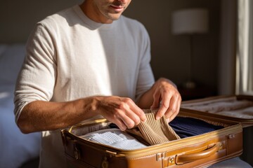 Businessman carefully packing clothes into suitcase for business trip