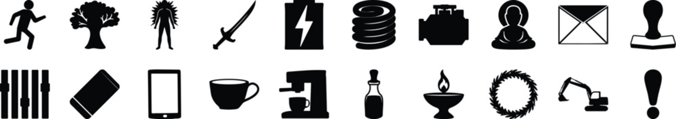 Collection of Various Black Silhouette Icons pack A horizontal set of black silhouette icons representing various objects, tools, and symbols on a white background, ideal for UI design.

