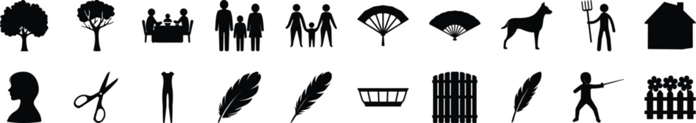 Silhouette Icon Set of People, Objects and Nature
 A diverse collection of black silhouette icons including people, tools, animals, and nature elements, perfect for infographics and UI design.
