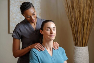Masseuse giving relaxing neck massage to client in spa